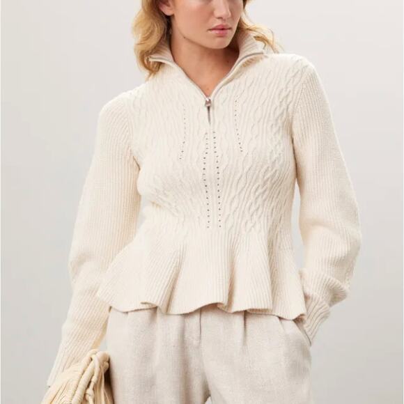 Simkhai White Cable Knit Sweater LARGE Romantic Peplum Cotton Designer $400 - Picture 1 of 11